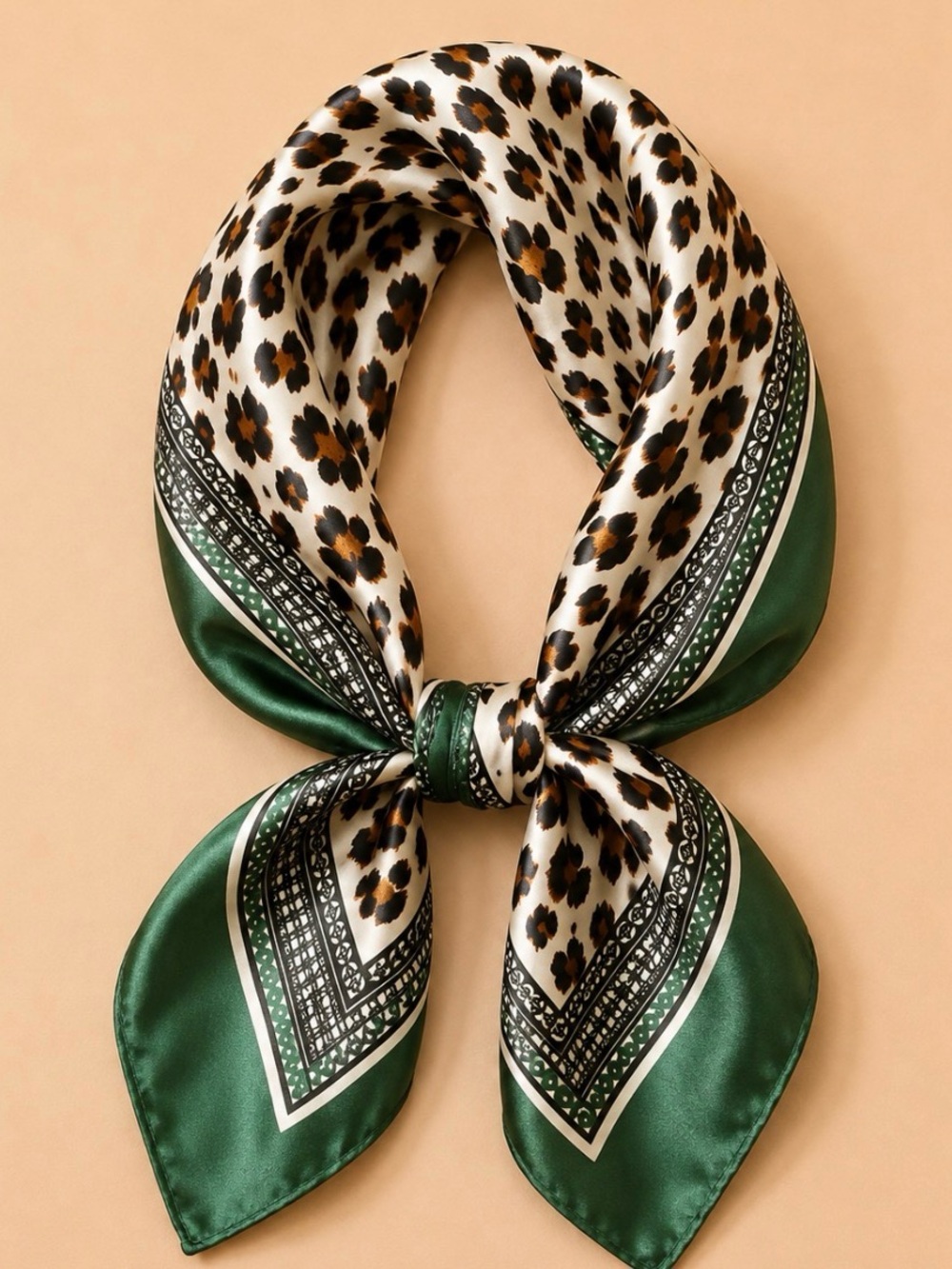 Green Leopard Print Silk-Feel Square Scarf